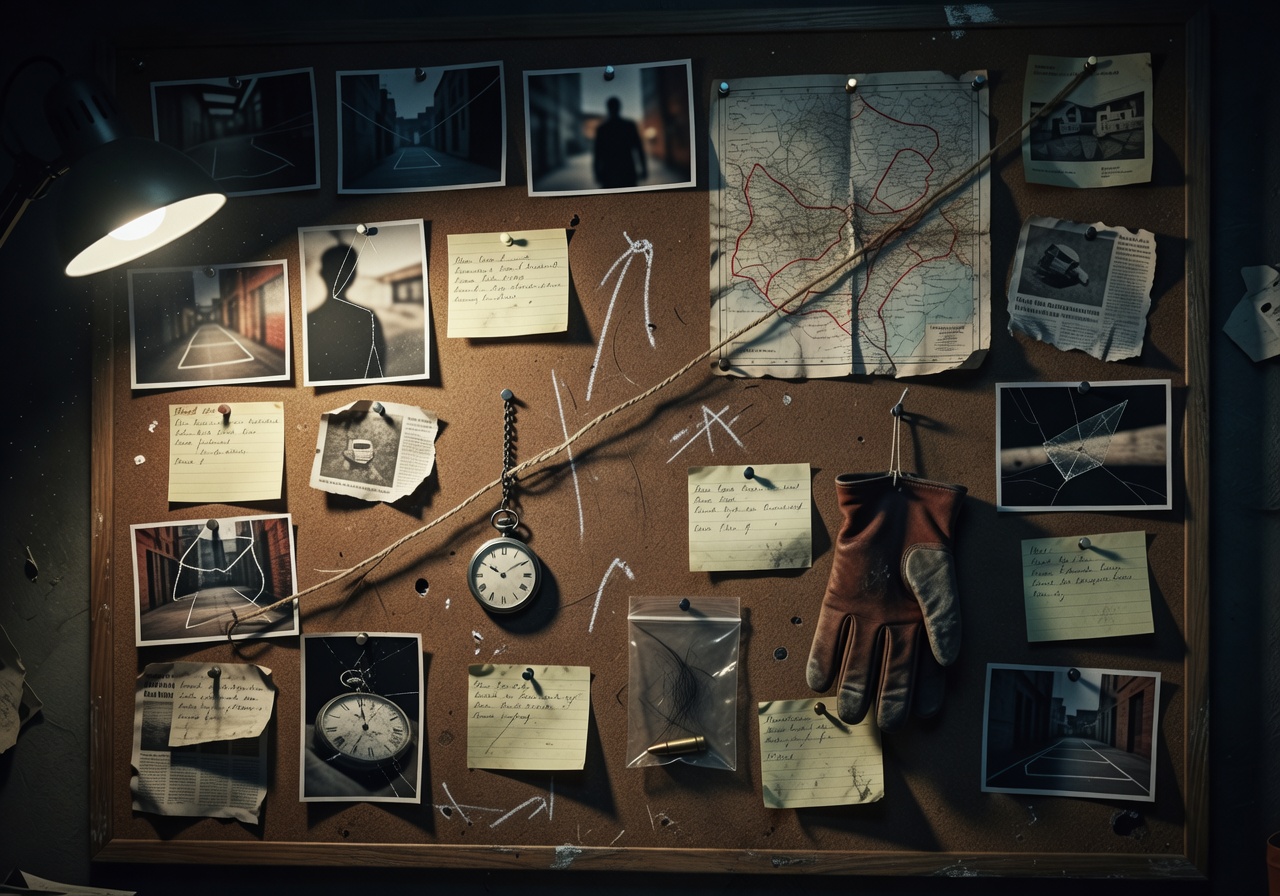 Detective investigation board with clues and evidence pinned to a wall
