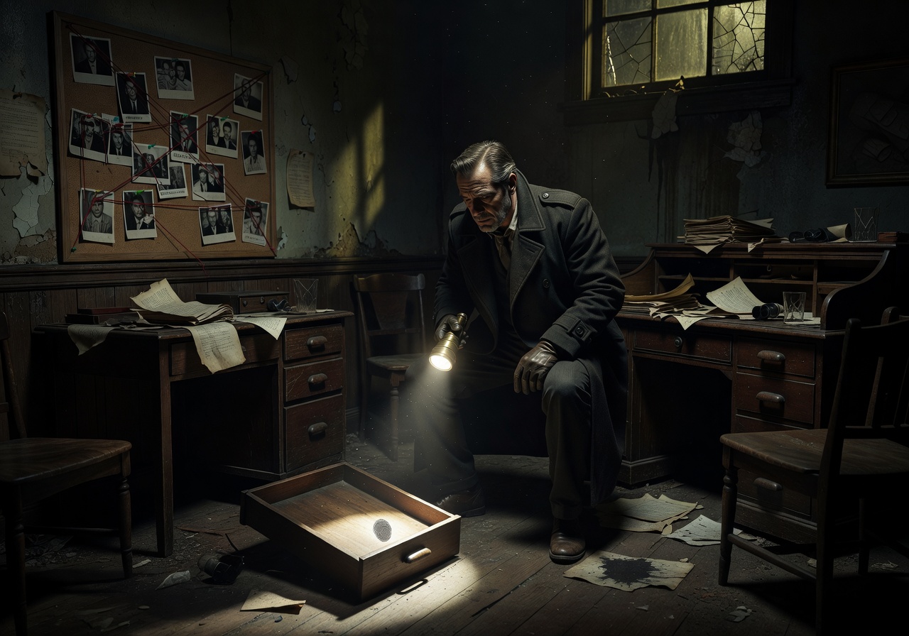 Mysterious detective investigation scene with dark atmospheric lighting
